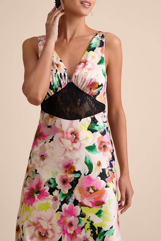 Solaina Pink and Black Multi Floral Satin Lace Maxi Dress