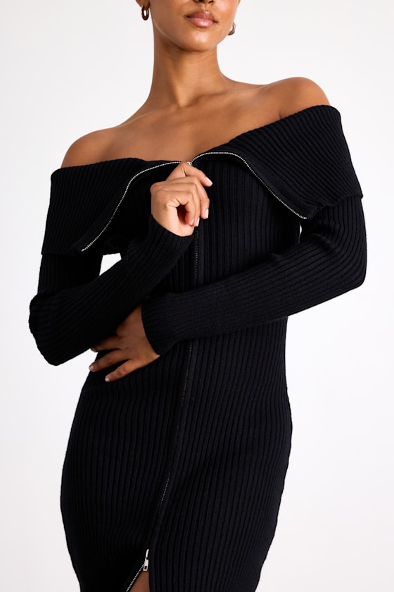 Trendy Aura Black Off-the-Shoulder Zip-Front Sweater Dress