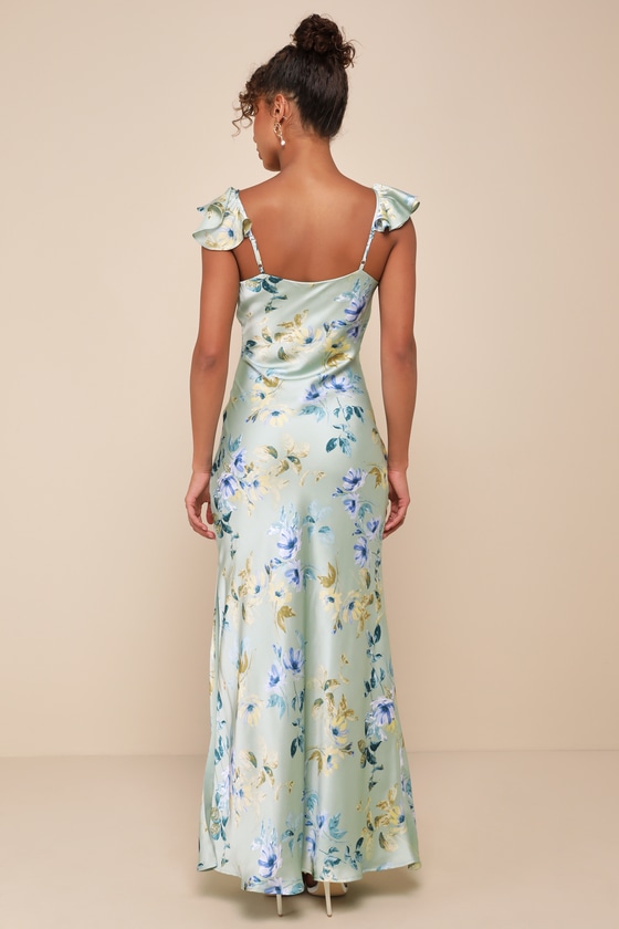 Captivating Grace Sage Green Floral Satin Ruffled Maxi Dress