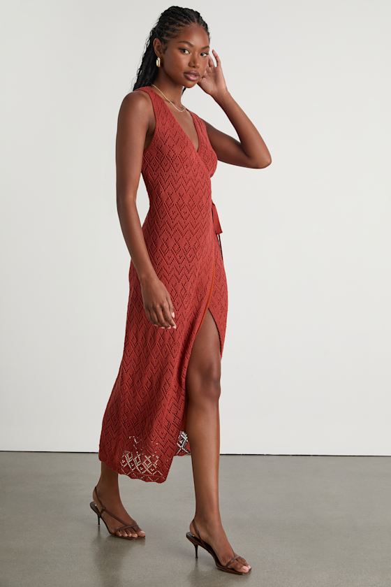 Kasper Rusty Red Pointelle Knit Wrap Midi Dress