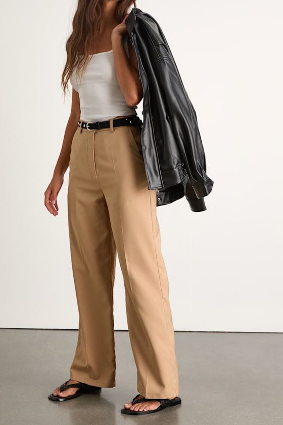 So Get This Beige High-Waisted Wide-Leg Trouser Pants
