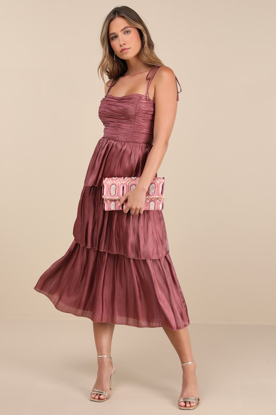 Tennon Dusty Rose Plisse Tiered Midi Dress