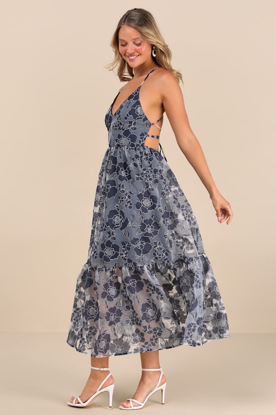Feeling Like Forever Navy Jacquard Organza Lace-Up Midi Dress