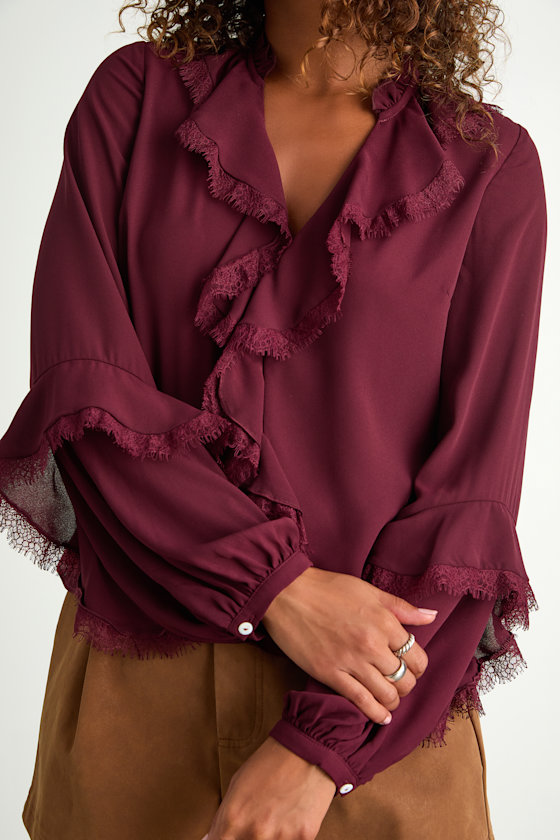Jess Burgundy Ruffled Lace Long Sleeve Top