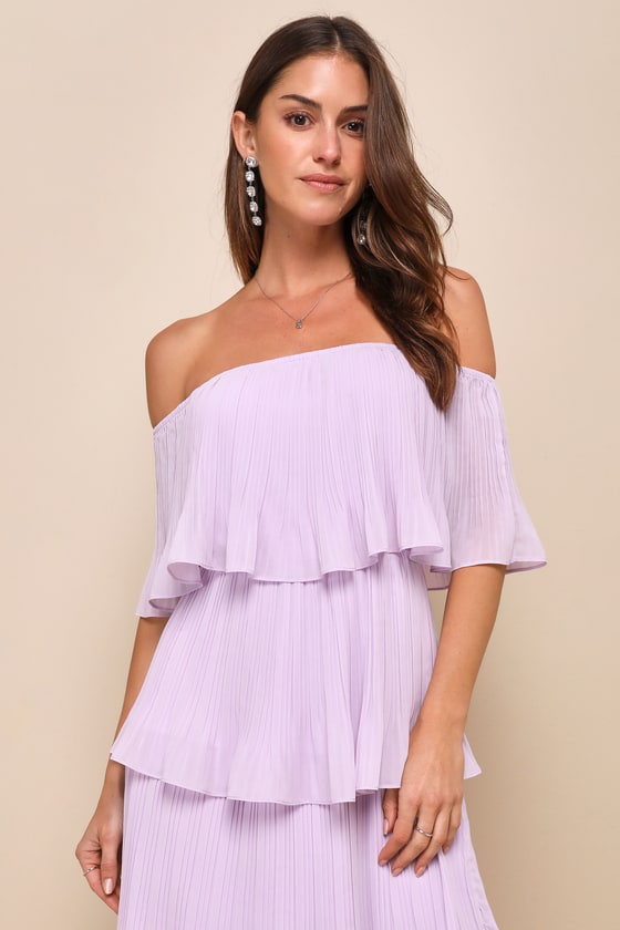 Gala Ready Lavender Off-the-Shoulder Ruffle Midi Dress