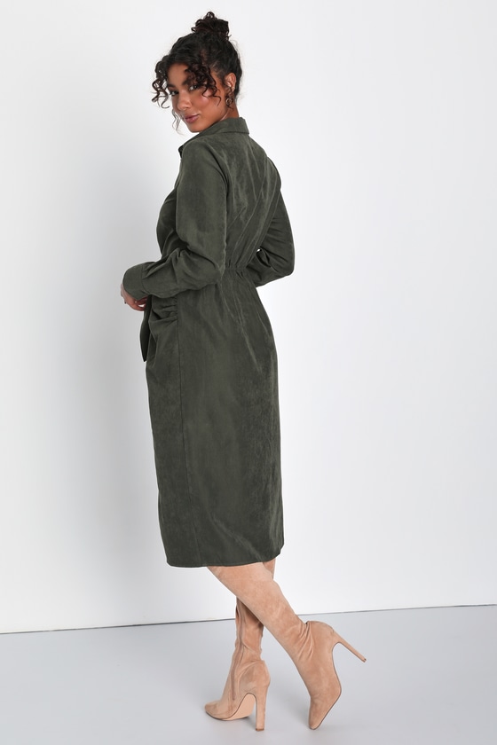 Autumnal Views Olive Green Suede Button-Up Tie-Front Midi Dress