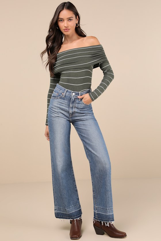 Sweetest Concept Olive Striped Off-the-Shoulder Sweater Top