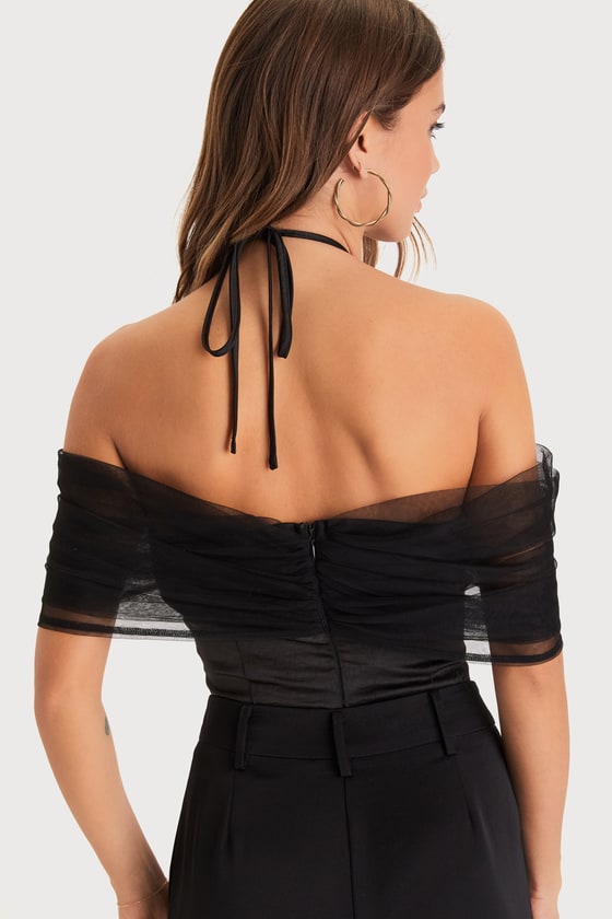 Trendsetting Moment Black Mesh Rosette Off-the-Shoulder Bodysuit