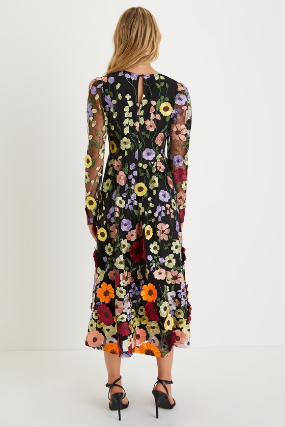 Impressive Blossom Black 3D Floral Embroidered Midi Dress