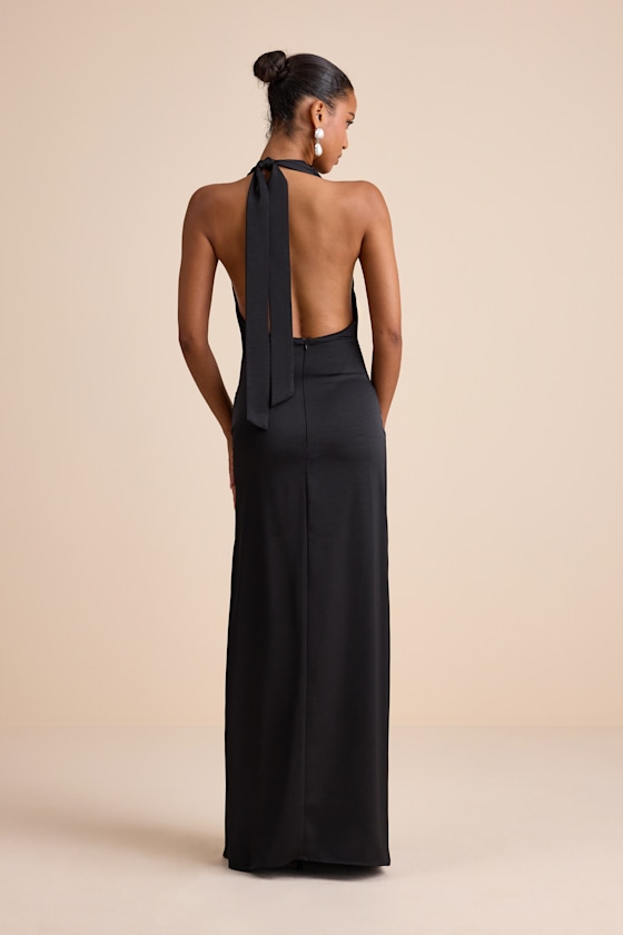 Carmelo Black Satin Halter Neck Backless Maxi Dress