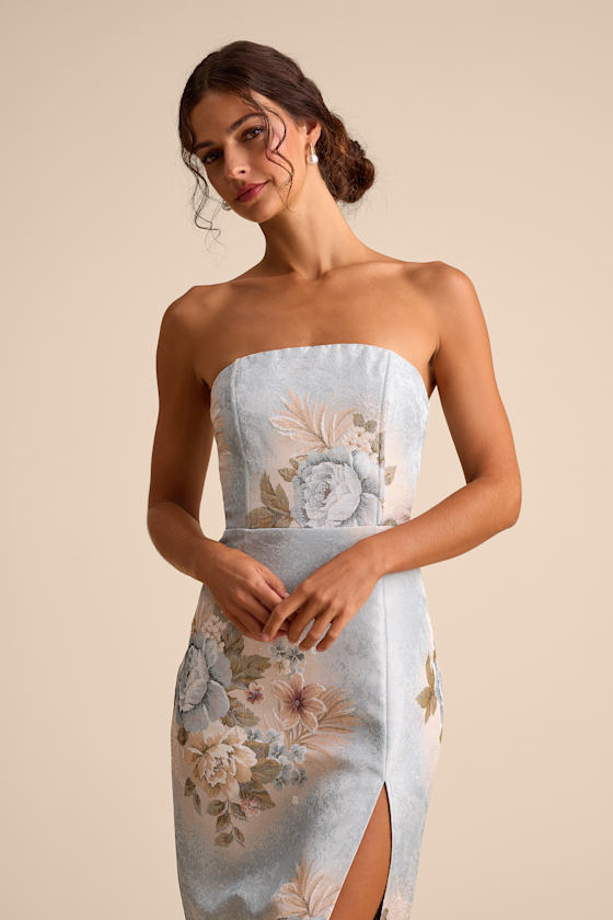 Hargrove Light Blue Floral Jacquard Strapless Midi Dress