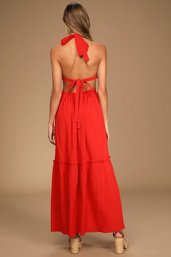 Island Vacay Red Tie-Back Maxi Dress
