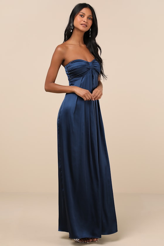 Memorable Entrance Dark Blue Strapless Satin Maxi Dress