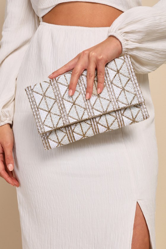 Glowing Perception Ivory and Gold Geometric Beaded Sequin Clutch