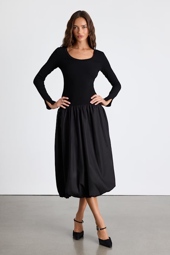 Sophisticated Chic Black Mixed Media Midi Dress
