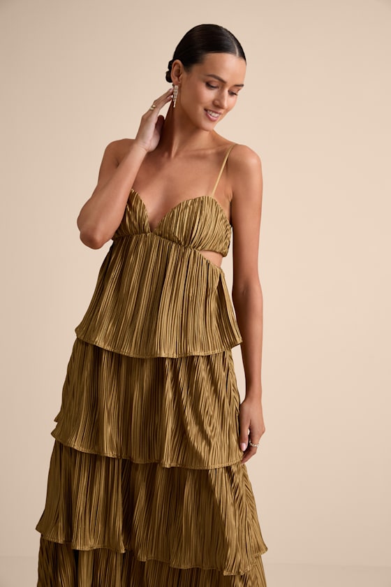Kanya Gold Satin Plisse Tiered Maxi Dress