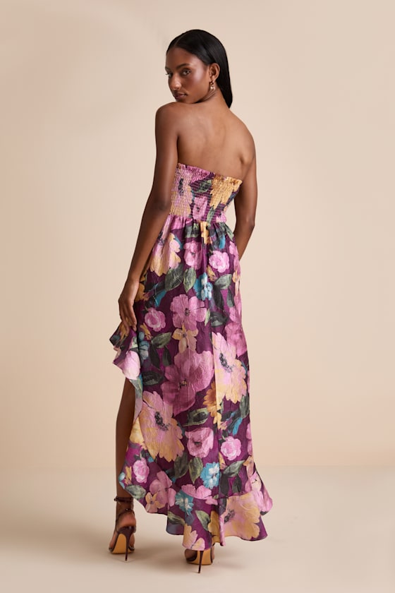 Blushing Darling Plum Multi Floral Strapless High-Low Maxi Dress