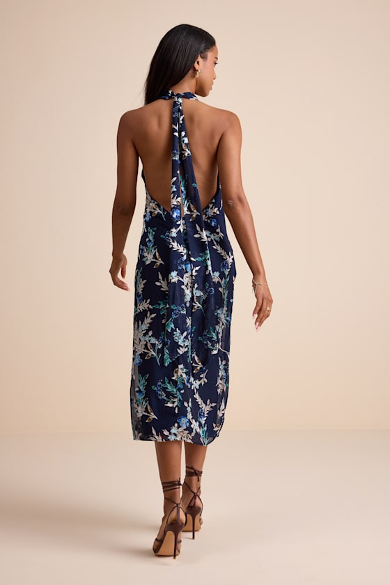 Lizbeth Navy Floral Jacquard Backless Midi Dress