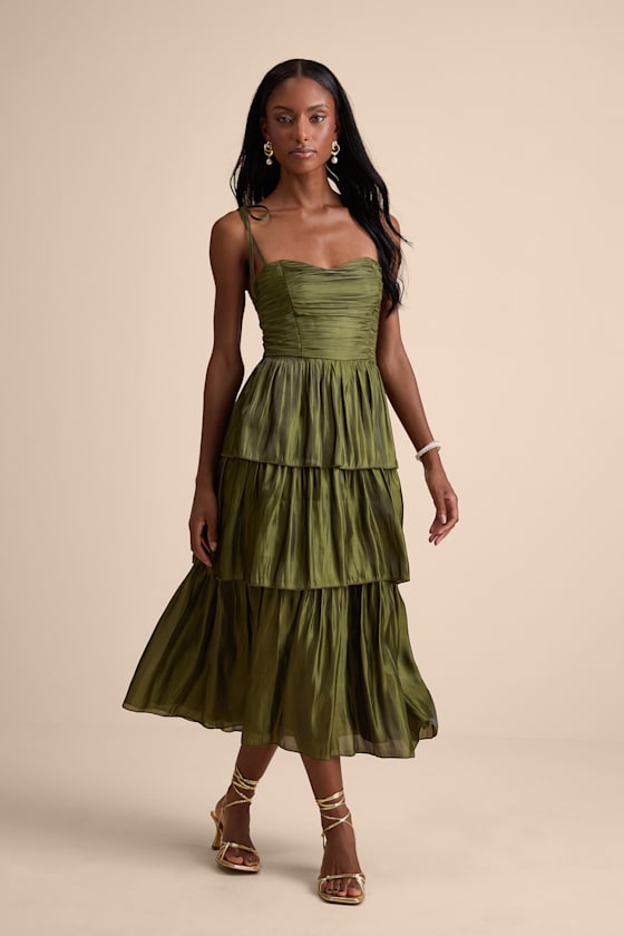 Tennon Olive Green Plisse Tiered Midi Dress