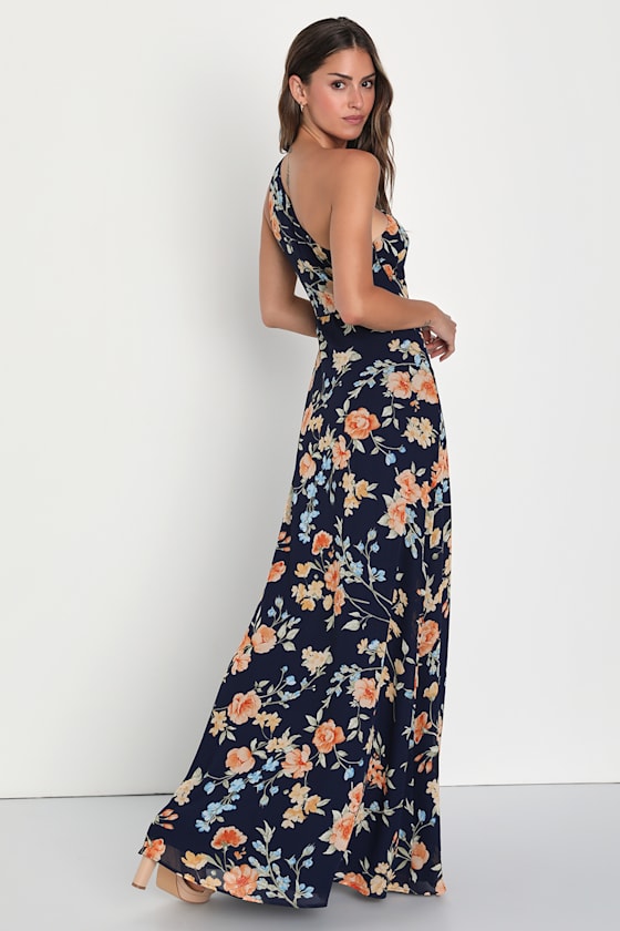 Elegant Admiration Navy Blue Floral One-Shoulder Maxi Dress