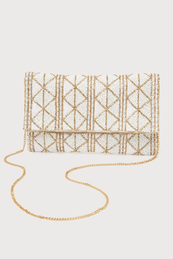 Glowing Perception Ivory and Gold Geometric Beaded Sequin Clutch