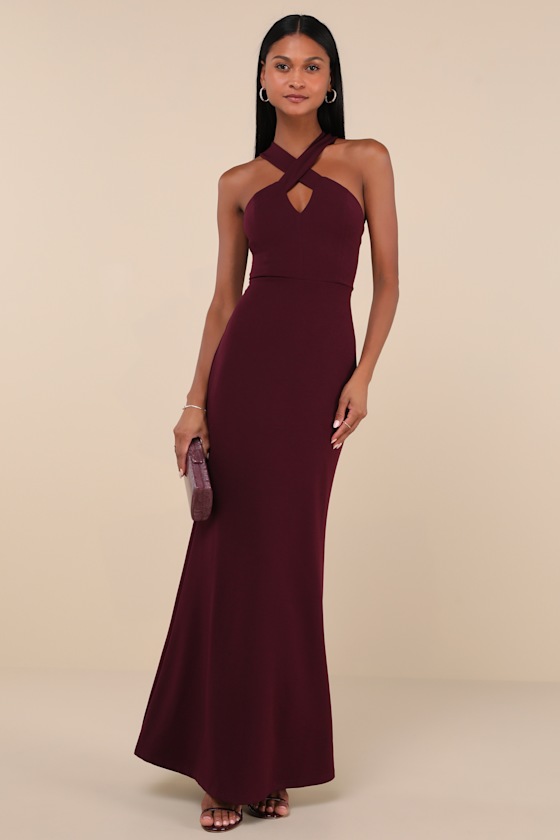 Keep You Enchanted Dark Purple Cutout Halter Mermaid Maxi Dress