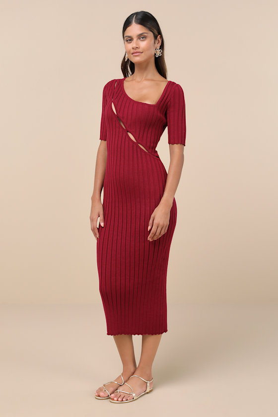 Flattering Aura Berry Pink Ribbed Asymmetrical Cutout Midi Dress