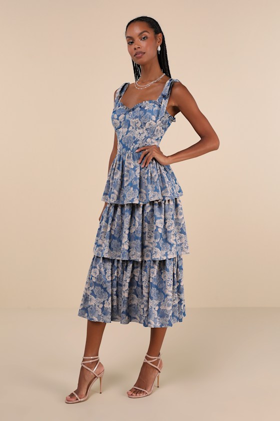Lovely Bliss Blue Floral Jacquard Strapless Bustier Midi Dress