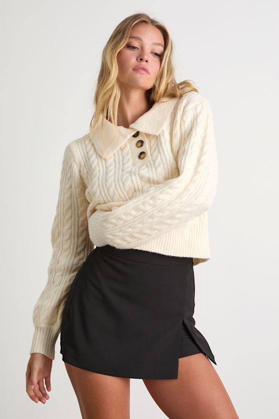 Cozy Agenda Cream Collared Cable Knit Sweater