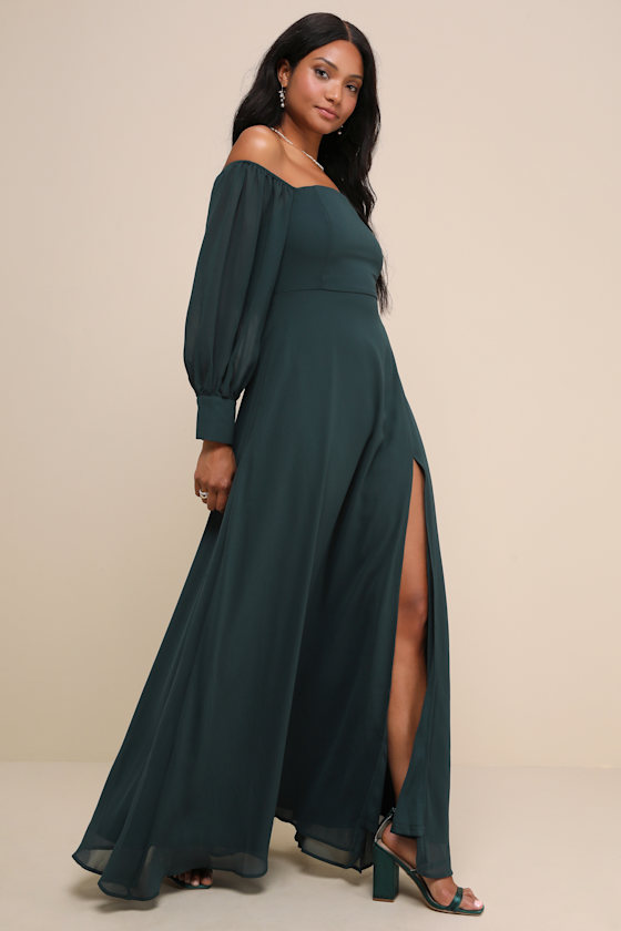Feel the Romance Emerald Green Off-the-Shoulder Maxi Dress