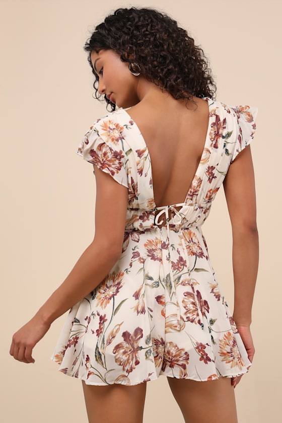 Flirty Ways Cream Floral Print Flutter Sleeve Romper
