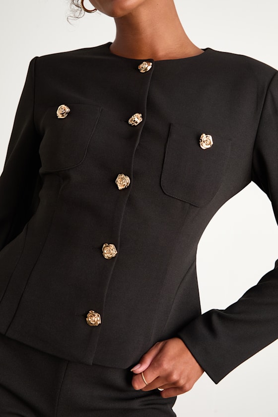 Lynn Black Rosette Button-Front Blazer
