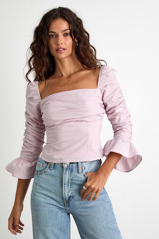Felia Dusty Lavender Cotton Ruched Three-Quarter Sleeve Top