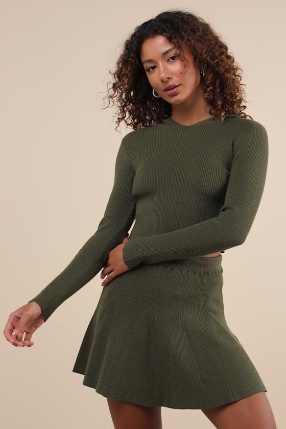 Delightful Duo Olive Ribbed Hooded Two-Piece Sweater Mini Dress