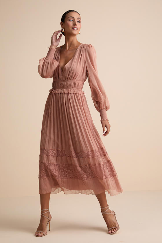 Cambree Mauve Pink Pleated Blouson Sleeve Lace Midi Dress