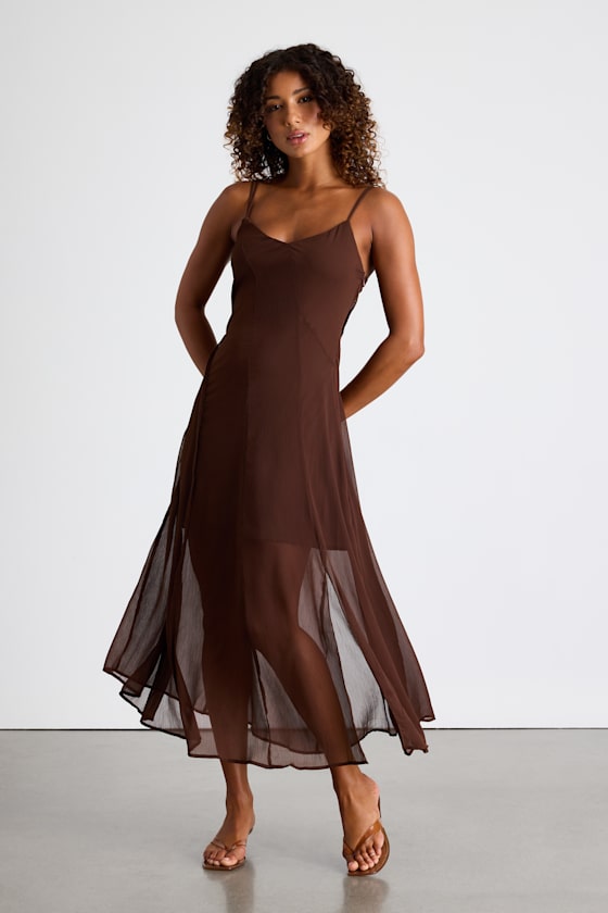 Euroa Brown Seamed Sleeveless Midi Dress