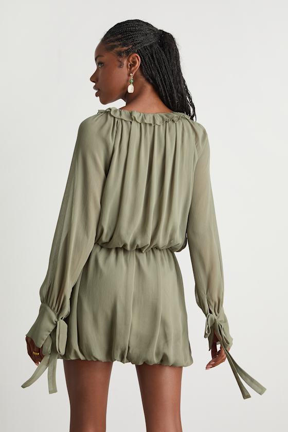 Kezzy Light Olive Ruffled Long Sleeve Bubble-Hem Mini Dress