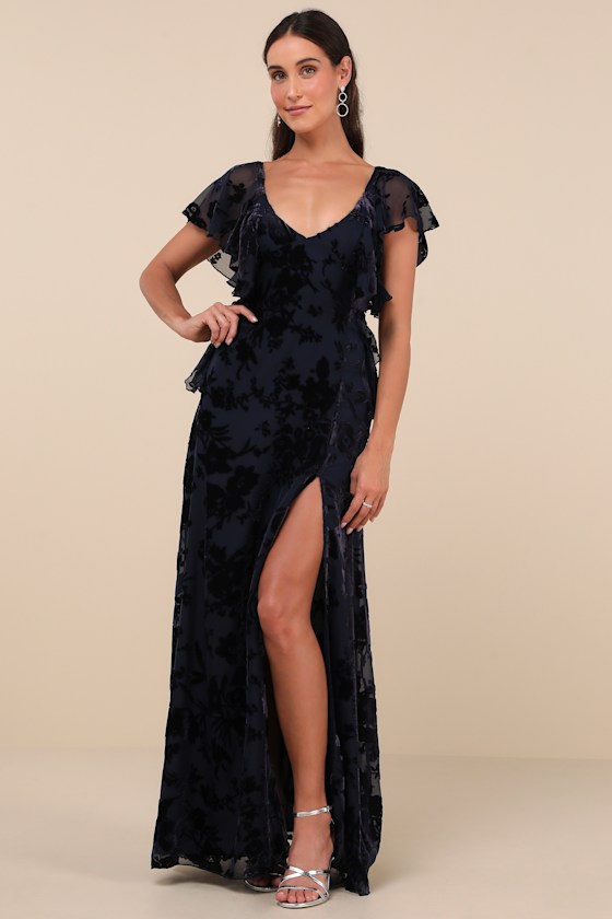 Romantic Wonder Navy Burnout Velvet Ruffled Tie-Back Maxi Dress