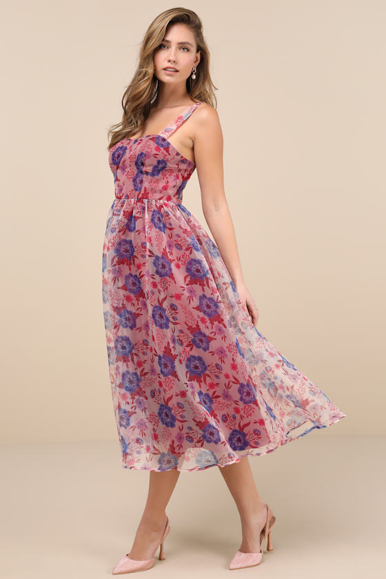 Delightful Look Magenta Floral Print Bustier Midi Skater Dress