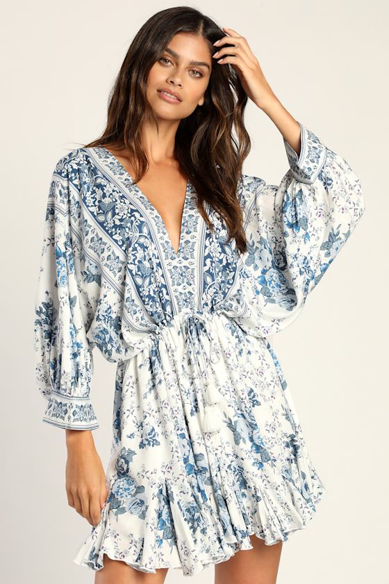 Roamin' Holiday Blue and White Print Mini Dress