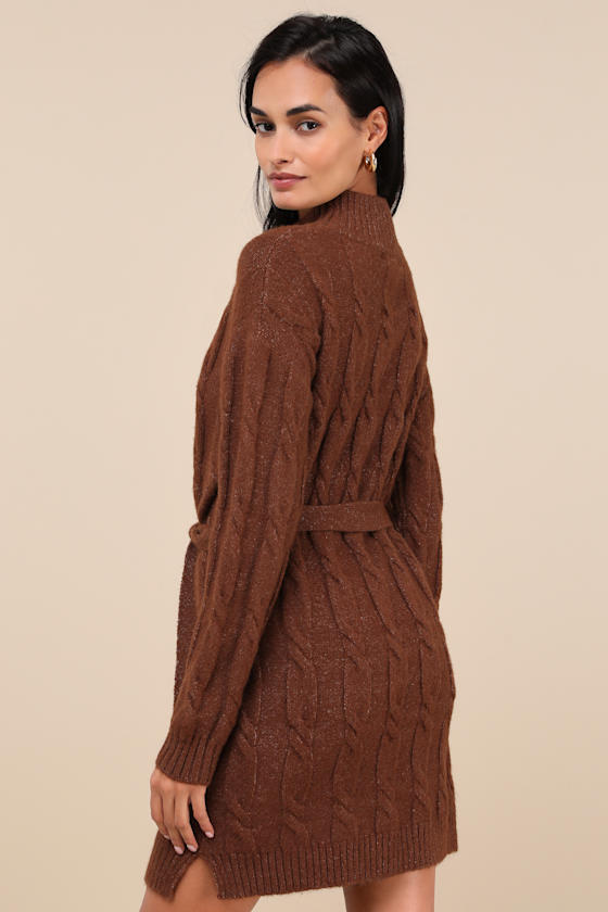 Warmed Up To You Brown Cable Knit Mock Neck Sweater Dress