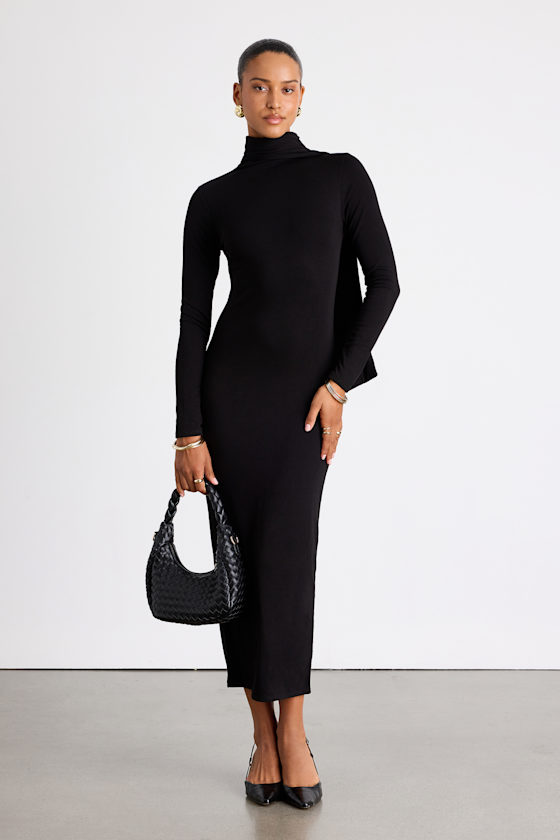 Wintery Fascination Black Long Sleeve Scarf Midi Dress