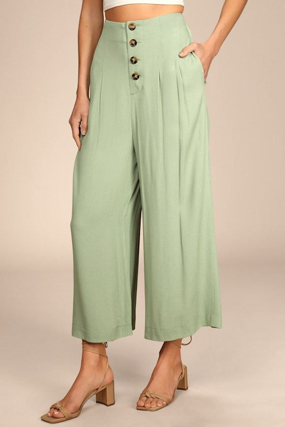 Stroll On Over Sage Green Button-Front Wide-Leg Pants