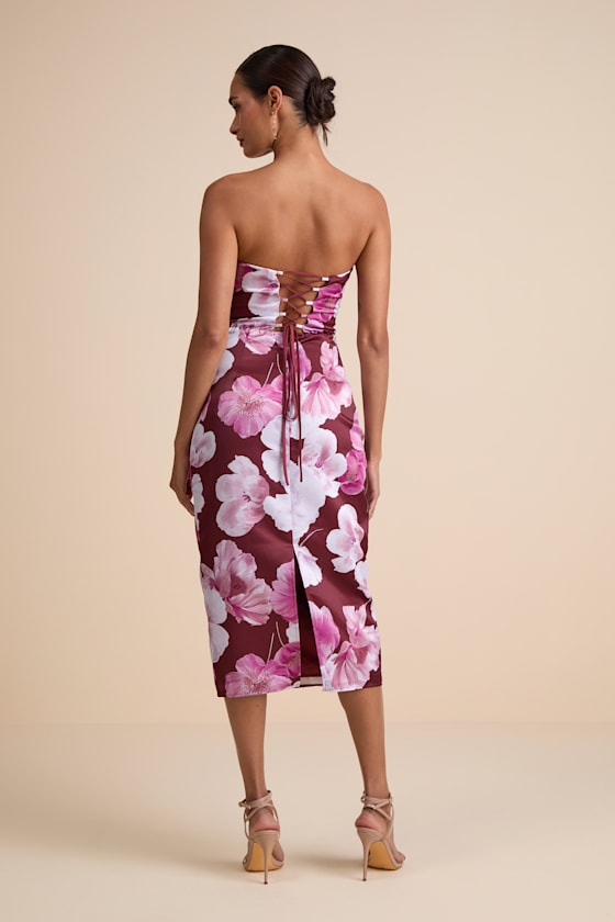 Oriana Burgundy Floral Satin Strapless Midi Dress