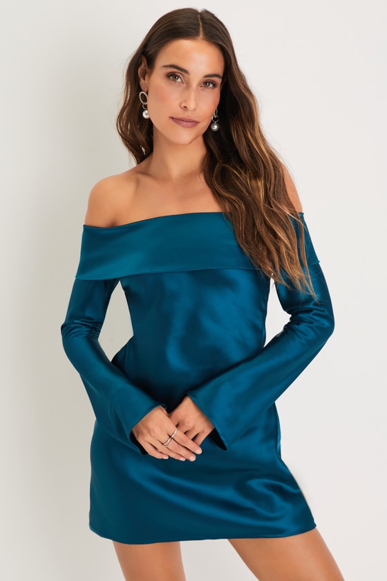 Luxurious Vision Teal Satin Off-the-Shoulder Mini Dress