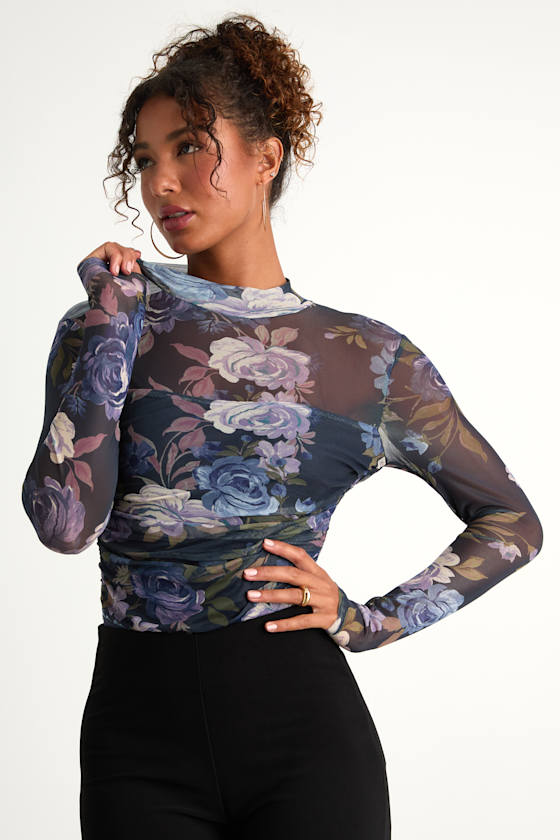 Clearly Alluring Blue Floral Mesh Long Sleeve Mock Neck Bodysuit