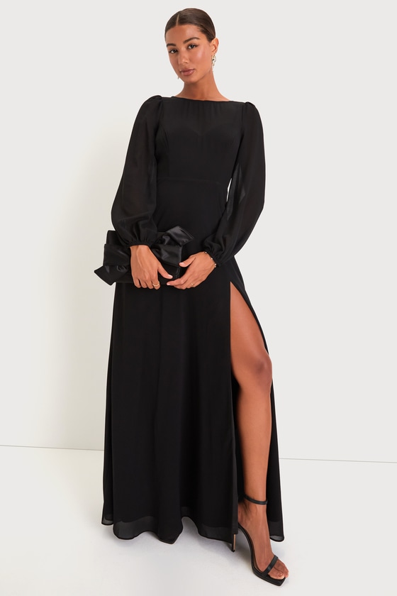 Prestigious Poise Black Backless Balloon Sleeve Maxi Dress