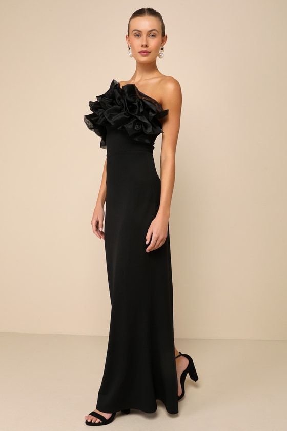 Evening Excellence Black Ruffled Strapless Mermaid Maxi Dress