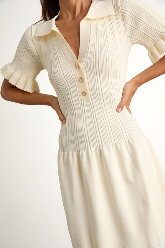 Yavina Cream Collared Skater Sweater Mini Dress