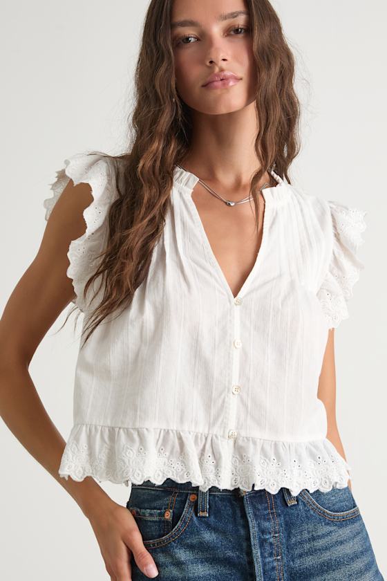Annabelle Ivory Pleated Cotton Button-Up Top